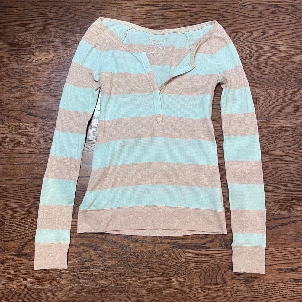 y2k american eagle teal and gray striped henley long sleeve top small